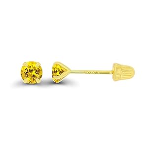 Solid 14K Yellow Gold 3mm Round Created Yellow Sapphire Birthstone Solitaire Ball Screw Back Stud Earring
