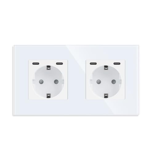 Toma de corriente doble de cristal blanco con carga rápida USB C+C 20W de alta gama 2