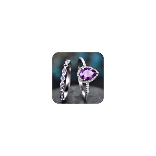 2pcs Womens Purple CZ Crystal Engagement Rings 925 Sterling Silver Shining Amethyst Ring Teardrop Shape Cubic Zirconia Promise Rings Set(8)
