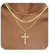 Cross Necklace for Women, Layered 14K Real Gold Plated Necklaces Dainty Twist Figaro Link Chain S...