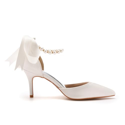 Wedding Shoes for Women Bridal Shoes Pearl Heels Closed Toe Pumps Silk-Like Satin Kitten Heel 3 Inch Bridal Heels for Bride Wedding Party Evening Casual3