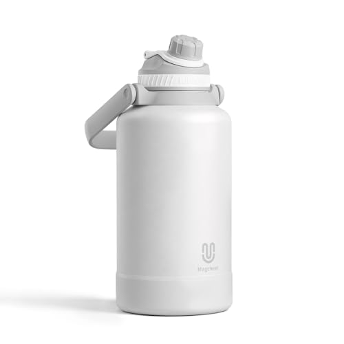 Magcheer Botella Agua Acero Inoxidable 2l con Pajita Extraíble y Asa | Botella Termica de Doble Pared | A Prueba de Fugas | Sin BPA | Adecuado para Fitness, Escuela y Trabajo(Blanco Grisáceo)