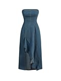 MakeMeChic Women's High Split Tube Denim Dress Sleeveless Ruffle Trim Midi A Line Dress Medium Wash Small