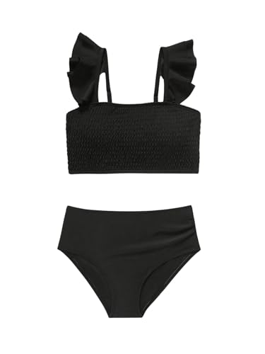WDIRARA Girl's 2 Piece Ruffle Hem Shirred Tankini Sets Tank Top & High Waist Bikini Set