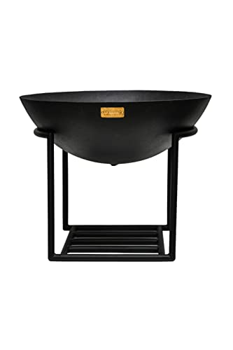 Ivyline Round Cast Iron Black Firebowl with Geometric Stand - UV Stable, Frost Proof & Durable - Contemporary Stylish Outdoor Firepit - H45cm x W56cm