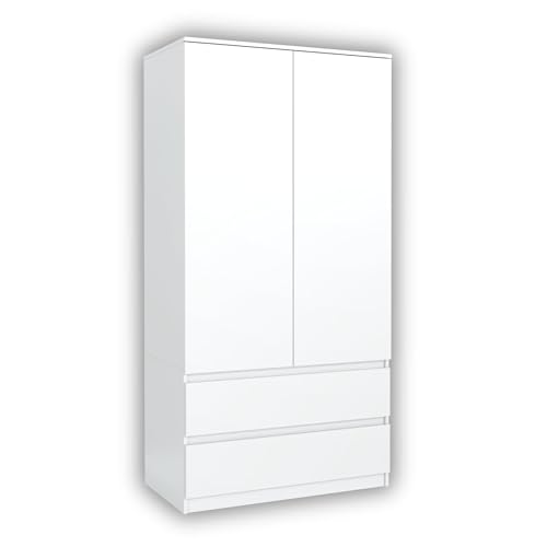 meble masztalerz Armoire Chambre avec 2 Tiroirs Largeur 90 cm - Penderie Vetement Dressing - Dressing Chambre Adulte - Meuble de Rangement Chambre - Blanc -...