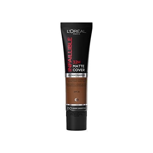 L'Oreal Paris Cover Base líquida, con 4% de niacinamida, larga duración, acabado natural, disponible en 20 tonos, SPF 25, cubierta mate infalible 32H, tono 350, 30 ml