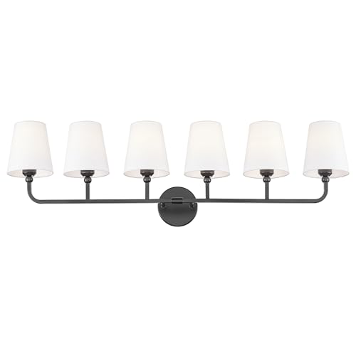 Image of Bathroom Light Fixtures, 42 Inch Matte Black Vanity Lights with Flared White Fabric Shade, 6-Light Wall Sconce, Modern Sconces Wall Lighting for Hallway Bedroom, VL837-MB-6