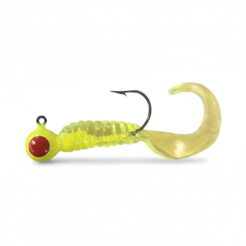 Moose Baits Crappie Lures – Soft Plastic Curly Tail Grubs with 1/8 oz Jig Heads – Crappie Jigs, Soft Bait for Panfish Bass Fishing and Crappie Fishing (Chartreuse)