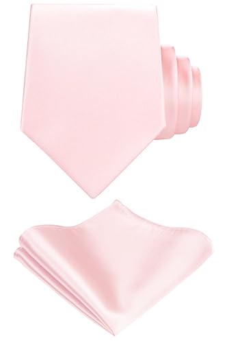 TIE G Solid Satin Woven dyed Color Formal Black Necktie and Pocket Square Sets in Gift Box (Blush)