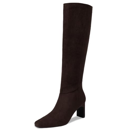 Athlefit Knee High Boots Women Square Toe Chunky Tall Boots for Women Fall Heeled Suede Brown Booties Size 7.5