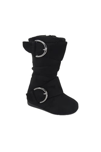 Girl's Kid's Faux Suede Two Buckle Zipper Flat Heel Mid Calf Slouchy Boot Shoes