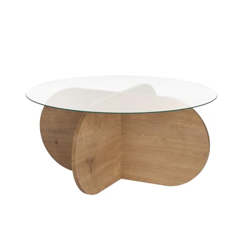 Calicosy – Table Basse Ronde D75 Cm Aeris avec Plateau en Verre Trempé Et Pieds Croisés en Bois – Design Élégant Et Moderne – Structure Certifiée...