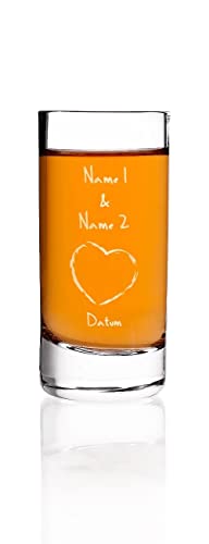 Herz & Heim® edles Schnapsglas zur Hochzeit mit Gravur der Namen des Paares - Gastgeschenk u. Hochzeitsgeschenk (großes Herz)