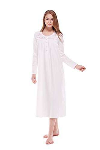 Keyocean Nightgowns for Women Plus Size, Cotton Long-Sleeve Long Soft Women Sleepwear Lounge-wear, Cream, XX-Large