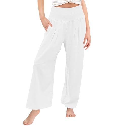 Moonker Girls Straight Wide Leg Pants Linen Palazzo High Elastic Waist Casual Trousers Summer Travel Vacation