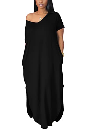 Image of Women Summer V Neck Loose Side Split Maxi Dresses with Pocket