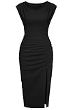 IHOT Wedding Guest Dresses for Women Summer Elagant Ruched Wrap Bodycon Little Black Cocktail Party Midi Dress with Slit Black M