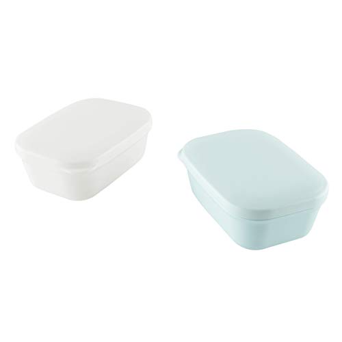 2 PCS White & Blue Square Soap Dish Container Lid Removable Drainer - Soap Case Box Travel Gym Shower Bathroom Kitchen Sinks