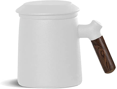 Webao Teebecher mit Deckel und Sieb Kaffeetassen mit Holzgriff Becher aus Porzellan für Losen Tee, 400ml Weiß Cover