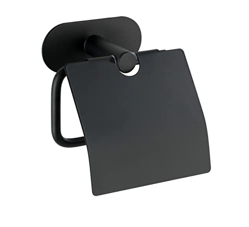 WENKO Toilettenpapierhalter Mod. Turbo-Loc Orea zur Wandmontage ohne Bohren aus Edelstahl mit Deckel matt schwarz modernes Klebesystem im Industrial Chic für Bad und WC Maße 14 x 12,5 x 7 cm rostfrei