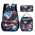 U.S. Flag Ea-gles Flying 3 Pcs Backpack Set Trendy Travel Bag with Portable Lunch Box Pencil Bags Gifts for Picnic Work