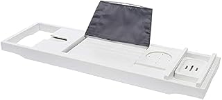 Vencier Extendable Bamboo Bath Caddy & Tray Non-slip Feet Adjustable Luxury Home Spa Wood Bath Caddy Wine Glass, Tablet Book, Smartphone Holder (White)