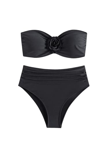 SHENHE Women's 2 Piece Strapless Swimsuits Ruched High Waisted Floral Bandeau Bikini Set
