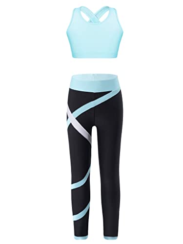 YEAHDOR Kids Girls 2 Pcs Sport Outfit Gymnastics Dance Athletic Outfits Sleeveless Crop Top with Leggings Set Dancewear Light Blue 10 Years