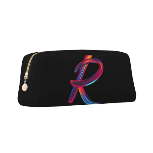 Image of Cute Initial Pencil Case for Kids Simple Leather Pencil Pouch for Boys Girls Letter Design Pencil Box Pen Bag Pencil Pouch Office Stationery Organizer, Rainbow Letter R