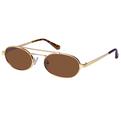 mosanana Trendy Oval Sunglasses for Women 2026 Small Retro Cute Cool Vintage Fashion Modern 90s Metal Thin Tiny Narrow Skinny Sunnies Gold Brown Lens MS52588