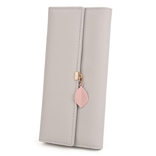 UTO Women PU Leather Wallet Large Capacity Leaf Pendant Card Phone Holder Checkbook Organizer Zipper Coin Purse New Grey