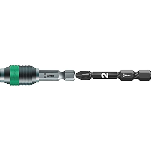 Image of Wera 889/4/1 K Universal Rapidaptor Bit Holder, 1/4" Drive x 50 mm, 05052502001 & 855/4 IMP DC SB Impaktor TriTorsion Long Service Life Pozidriv Bit, PZ 2 x 50 mm, 05073961001