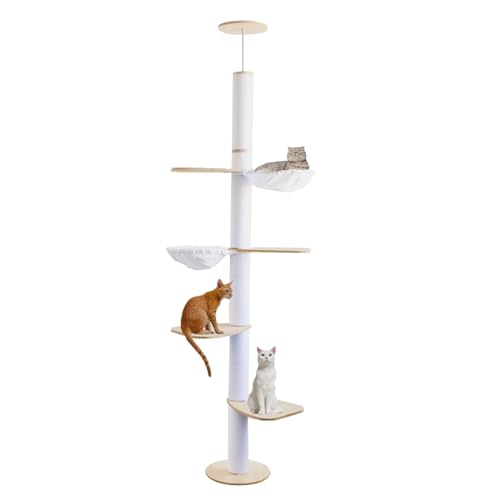 Centro de actividades de escalada para gatos de 5 pisos con rascador, 4 niveles, 2 hamacas, altura regulable (231-270 cm), de suelo a techo, ahorra espacio y es estable