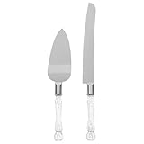 BIUDECO Juego 2 Piezas Cuchillo y Espátula para Servir Pasteles de Boda de Acero Inoxidable Mango de Cristal para Cortar y Servir Tartas en Aniversarios y Celebraciones