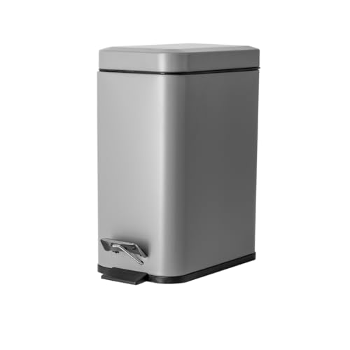 Image of Slim Rectangular 5 Liter Trash Bin Plastic - Long-Lasting, Easily Cleanable, with Silent Soft-Close Lid and Convenient Foot Pedal - Ideal as White Bathroom Trash, Office Bin