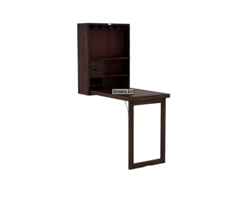 SARARTH Furniture Solid Wood Bar Cabinet With Folding Dining Table for Home | Wall Hanging Design Mini Bar & Table for Living Room, Brown (Walnut)