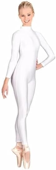 Glanz White Long Sleeve Unitard – Full Body Dance & Ballet Costume with Mock Neck for Women & Girls, Stretchable Performance Bodysuit, Stage Outfit, Activewear, Workout