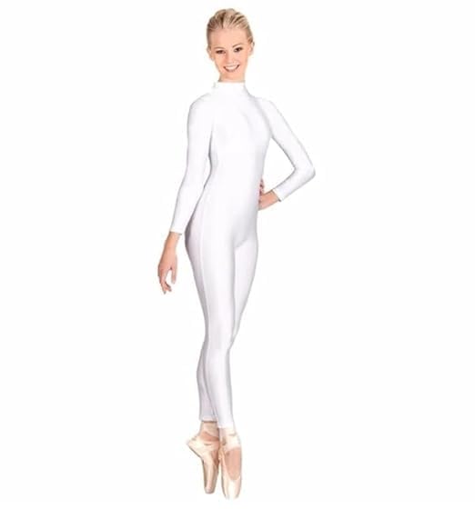 Glanz White Long Sleeve Unitard – Full Body Dance & Ballet Costume with Mock Neck for Women & Girls, Stretchable Performance Bodysuit, Stage Outfit, Activewear, Workout