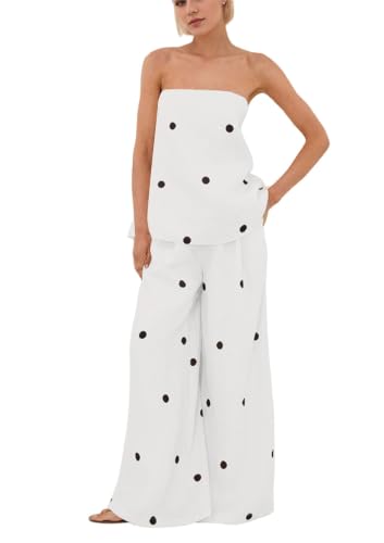 Conjunto de 2 piezas para mujer con pantalones de pierna ancha y top sin tirantes de lunares 1