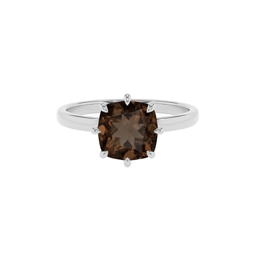 Natural Smoky Quartz Cushion Solitaire Rings for Women in Silver/...