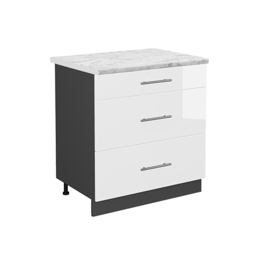 Vicco Küchenunterschrank Fame-Line, Weiß Hochglanz/Anthrazit, 80 cm mit 3 Schubladen, AP Marmor