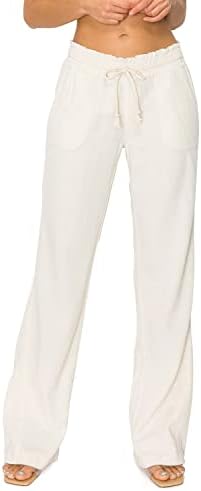 Cali1850 Women's Casual Linen Pants - Drawstring Smocked Waist Oceanside Lounge Beach Trousers with Pockets 7024Z-LNN Oatmeal L