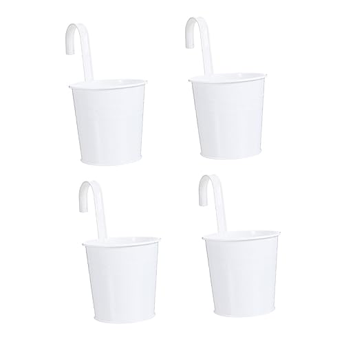 NOLITOY 4 Stück Haken Blumentopf hängend Balkon Pflanzer grau Außenhänge Korb blumentöpfe balkongeländer pflanztopf mit Haken Outdoor Pflanzen hängetöpfe blecheimer deko Metall Eisen Weiß
