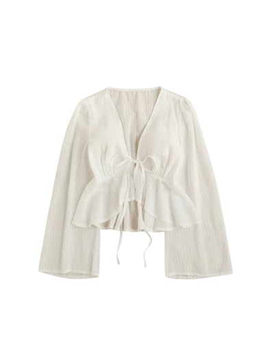 GORGLITTER Women's Tie Front Peplum Tops Blouse Dressy Casual Bow Long Sleeve Deep V Neck Shirts Crop Top Trendy 2025