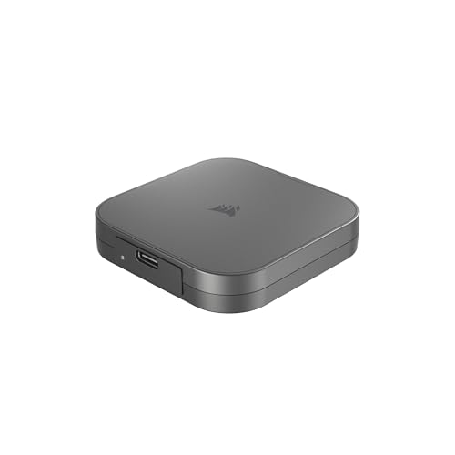 Corsair EX400U 2TB portable USB4 SSD in matte black with the Corsair sail-logo at center, the compact 27 g aluminum body shown at three-quarter angle on a clean white background, a USB-C cable coiled to the left, the MagSafe-compatible backplate visible — Wirecutter's 2026 top pick replacing the Samsung T7 Shield, the only mainstream USB4 portable that delivers 4,000 MB/s read on M4-era Macs and 2025-plus Windows ultrabooks with USB4 ports.