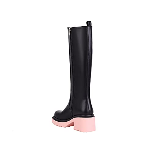 Vivianly Women's Elastic Panel Lugged Sole Knee Boots, Chunky High Heeled Boots Stretch Riding Boots With Round Toe And Side Zipper Size 7 Pink #TOP3
