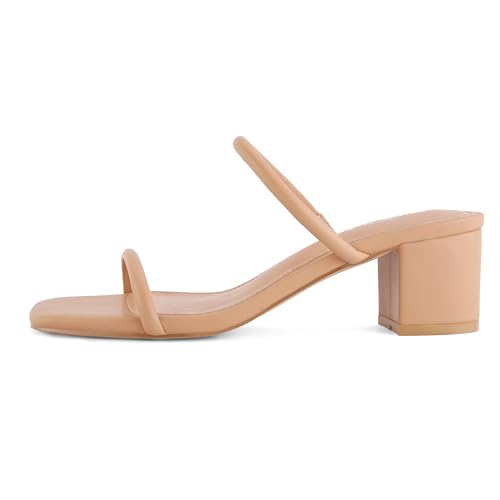Image of Shoe'N Tale Strappy Heels for Women Square Open Toe Two Strap Low Block Heel Slip on Dressy Sandals Shoes