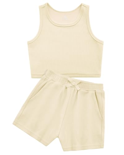 Image of Stelle Girls 2 Piece Outfits Tank Top and Shorts with Pockets 5-15 Years | Girls Ribbed Tops,Crop Tops,Scoop Neck,Sleeveless Tops,Elastic Waist Shorts,Bow Waist,Side Pockets