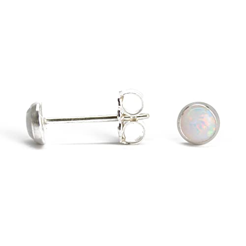 Kathy Bankston Handmade Opal Gemstone Stud Earrings for Women and Girls, 4mm Round Bezel 925 Sterling Silver (created-opal)